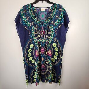 Maeve Anthropologie Silk Mandala Kaftan Dress M Navy Purple Boho Geometric FLAW